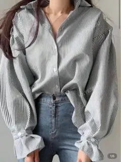 ストライプ バルーンスリーブシャツ