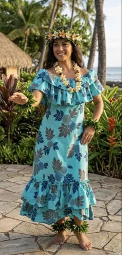 フラダンス ムームー フリルワンピース 青緑 ハワイアンドレス