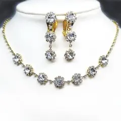 ラインストーン ネックレス イヤリングセット お花 ゴールド 結婚式 社交ダンス