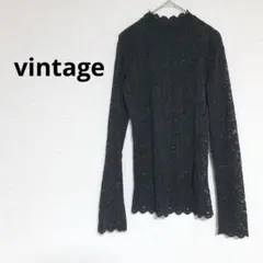 ヴィンテージ　総レーストップス　花柄レースシャツ　ブラック　長袖インナー