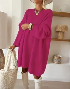 未使用　TEMU　テム　ニット　ロングニット　プルオーバー　ピンク　長袖　2XL