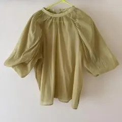 シアーブラウス イエロー 五分袖 フリルネック 春夏 透け感