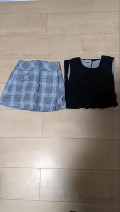 キッズ服 100cm 青黒チェックスカートと黒ワンピースセット