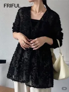 FRIFUL ブラック フラワー刺繍 カーディガン