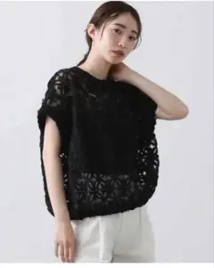 Ballsey コットンカットワークレース パフスリーブブラウス BLACK