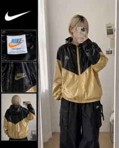 NIKE ナイロンジャケット 黒 金 70s 80sオレンジタグ フーディ L