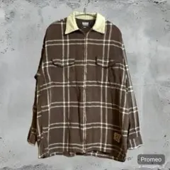 90s レトロ ジップアップ ネルシャツ チェック柄 襟コーデュロイ 茶 L相当