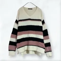 a2914 イング ニット ボーダー柄 M Vネック 長袖 前後差 シンプル