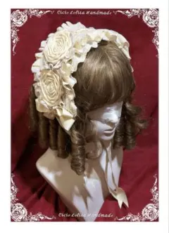 ♡手作りバラリボン生成色甘ロリクラロリヘアアクセサリーカチューシャivory♡