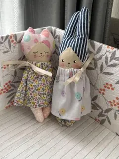 ♪ハンドメイド♪ ネコ&ウサギちゃんお着替えドール　ピンク&ブルー　2体セット