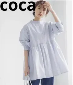 coca フロントボタン　バンドカラーブラウス　フレア　ギャザー　チュニック　綿