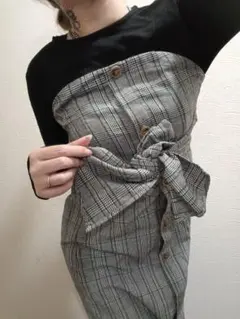 重ね着風 チェック柄ロングワンピース・長袖 リボン付き