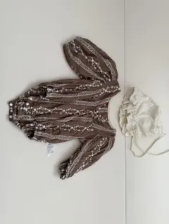 ブラウン花柄ロンパース&帽子セット