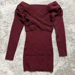 GRL クロスデザイン ニットワンピース ボルドー 長袖　M