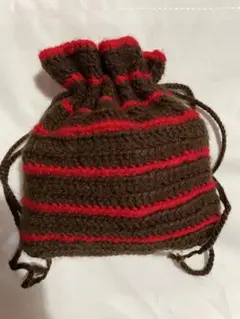 ハンドメイド　茶色と赤のストライプ 巾着袋