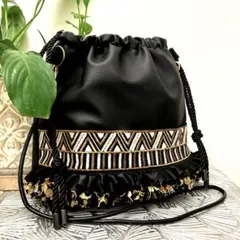 インド刺繍リボンバック　フェイクレザー巾着ショルダー