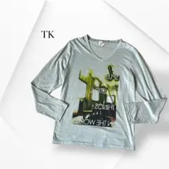 TK グレー グラフィック Vネック長袖カットソー 綿混 プルオーバー 3 L