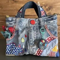 ハンドメイド デニムリメイク バッグ スマイルチャーム付き 01