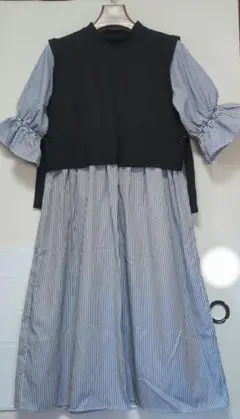 レイヤードチュニック 半袖 黒とストライプ