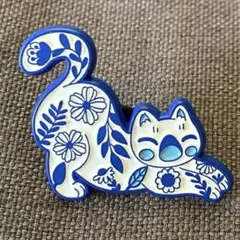 ピンバッジ　猫　花　ねこ　ブルー　ボタニカル　ネコ　ブローチ