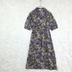 ヴィンテージ 総柄ロングワンピース　花柄　レトロ　日本製　フレア　パープル