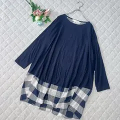 【M】美品　長袖　チュニック　オーバーサイズ　チェック柄　大人　カジュアル　無地
