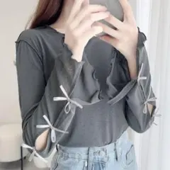 milybilet 袖リボンスラブシアージャガードプルオーバー チャコールグレー