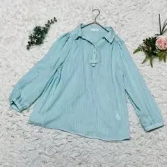 【アーヴェヴェ】襟付き長袖シャツ❣️ブラウス ストライプ ボタン イトキン 緑 L