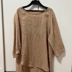 リネン ベージュ チュニック 五分袖　刺繍　レディース古着
