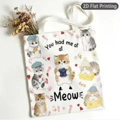 【新品】猫柄 トートバッグ 軽量 ネコ エコバッグ ホワイト モフサンド