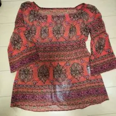 オレンジ系花柄 五分袖チュニック サイズ11