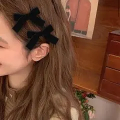 2個 ベルベット リボン ヘアクリップ ブラック 黒 ベロア