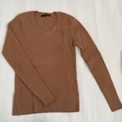 ブラウン Vネック リブ編み 長袖セーター
