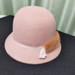 韓国風　羊毛ハット　帽子　ベージュ　ミンクファー付き