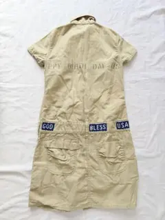 デニムダンガリー　ベージュ 半袖 ワンピース ポケット付き