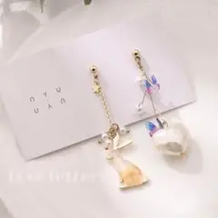 No.445 バタフライラビットハートピアス 韓国 上品 量産型 地雷 うさぎ