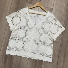 アイボリー 花柄レースカーディガン 半袖　ショート丈　クロシェ編み　古着　夏物