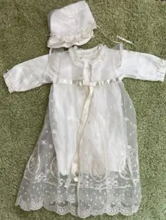 新生児　オフホワイト レース ベビードレス　帽子　セット