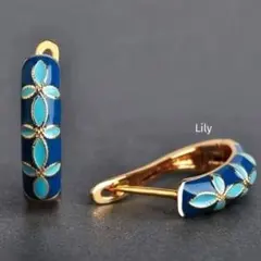 高級感✨ ヴィンテージ フープ ピアス アジアン レトロ 青 紺 ゴールド