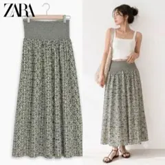 【着用1回】ZARA 総柄 マキシ丈 ロングスカート グリーン シャーリングのサムネイル