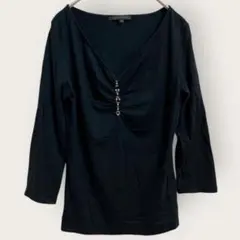 美品✨️アナイ 無地 カットソー ビジューVネック七分袖 38 黒 レーヨン 上品のサムネイル