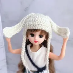 再販 リカちゃん うさ耳ボンネット 白 うさぎ耳 うさ耳帽子 ニット帽子 編み物