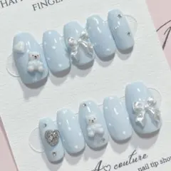 現品ネイルチップ୨୧くまちゃん×ハート୨୧ベビーブルーバレエコアスナ系韓国ドット