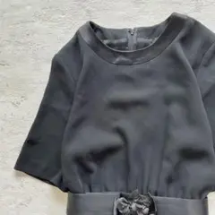 昭和レトロ立体花柄付きベルト半袖ロングワンピースフォーマル11号ブラックn1