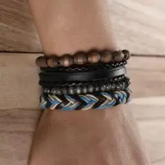136レザーブレスレット4連セット織りレトロ長さ調節可能ジュエリーアクセサリー