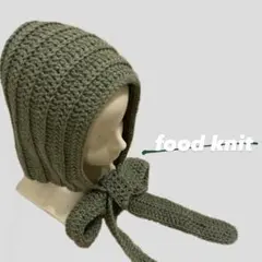緑　バラボネット　バラクラバ　ボンネット　フード　マフラー　手編み　ハンドメイド