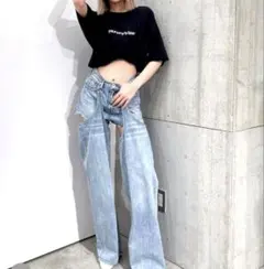 GYDA ハイウエストレイヤードデザイン2wayデニムパンツ