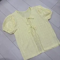 イエロー レース編み 半袖カーディガン