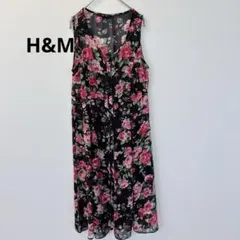 H&M ワンピースノースリーブ　花柄　ブラック　ピンク　S