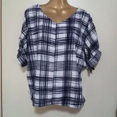 チェック柄 半袖カットソー　Tシャツ ホワイト×ネイビー　anyFAMのサムネイル
